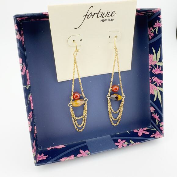 Fortune New York Chain Drop Earrings Gold Tone with Red and Amber Beads - Picture 4 of 5